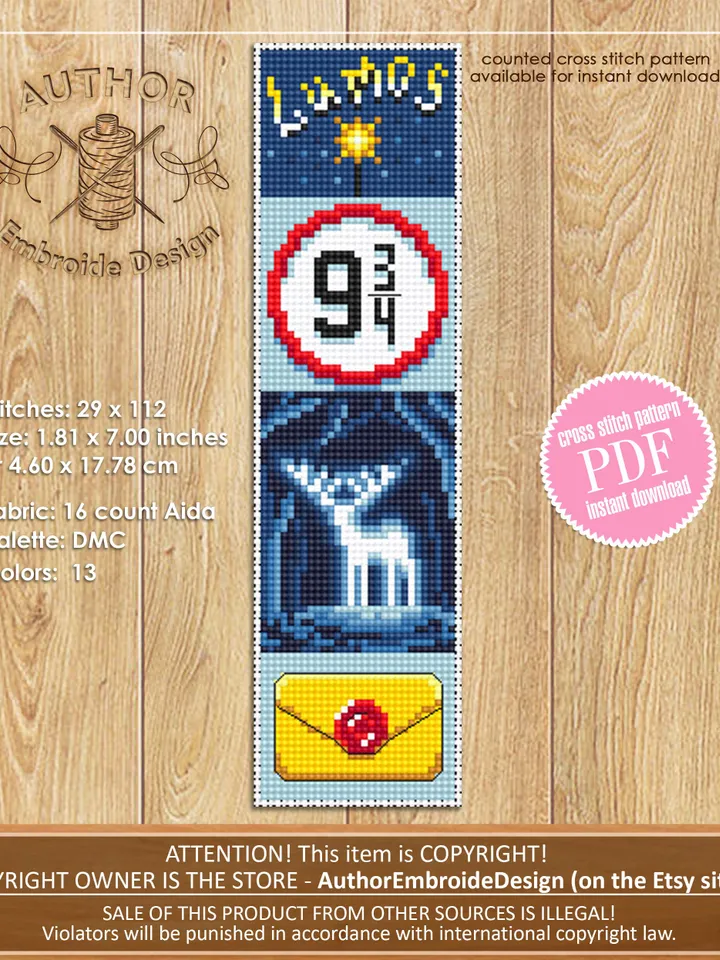Magic bookmark cross stitch pattern PDF download, Fantasy bookmark pattern digital PDF, Wizarding world cross stitch chart, Fan art #B356