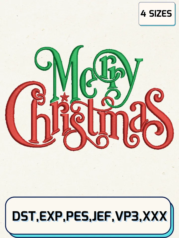 Merry Chrismas Embroidery Designs,Christmas Embroidery Designs,Machine Embroidery Files,4 Sizes
