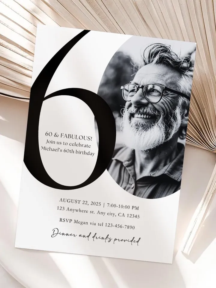 60th Birthday Party Invitation Card, Look Who's 60, Editable 60th Birthday Card Template, Printable Minimalist Birthday Photo Card Canva