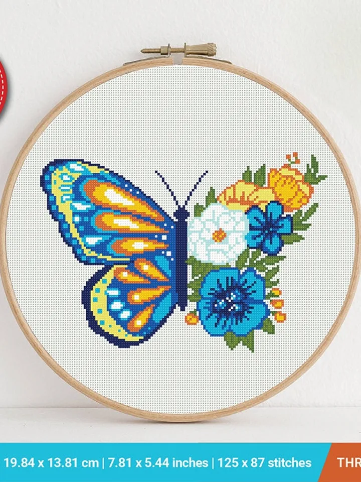 Butterfly Silhouette Flowers cross stitch pattern, Floral decor, Love, counted, chart, gift DIY, embroidery, instant PDF