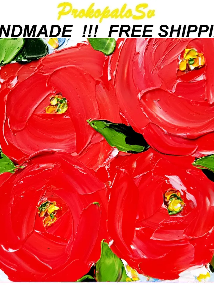Peony Painting Red Flowers Original Art Red Floral Wall Art Small Impasto Oil Painting Christmas Gifts by ArtProkopaloSv