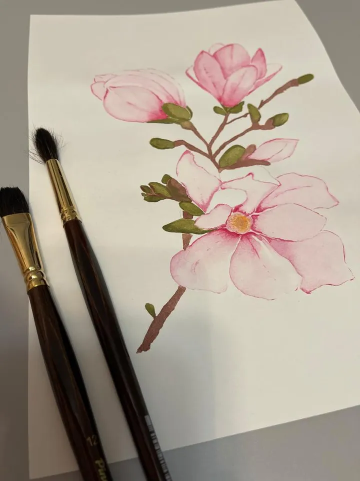 Pink magnolia flower art. Flowers painting classic watercolor paintings. Original watercolor painting.