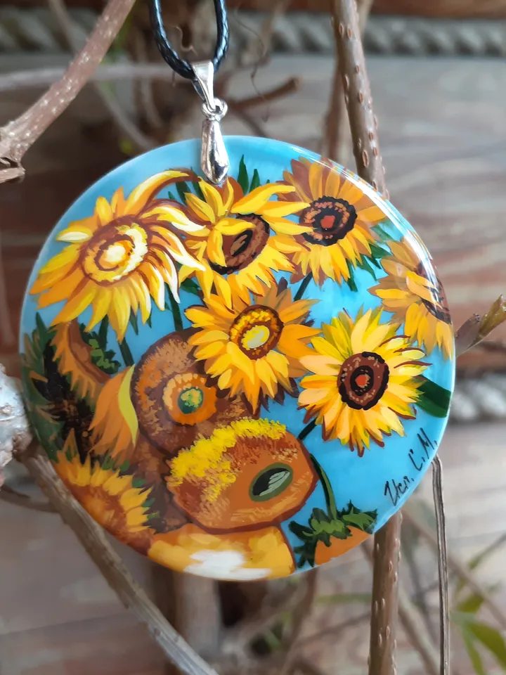 Sunflowers. In the style of Van Gogh. Mother-of-pearl. The Van Gogh pendant. Hand-painted necklace pendant. Hand painted miniature painting.