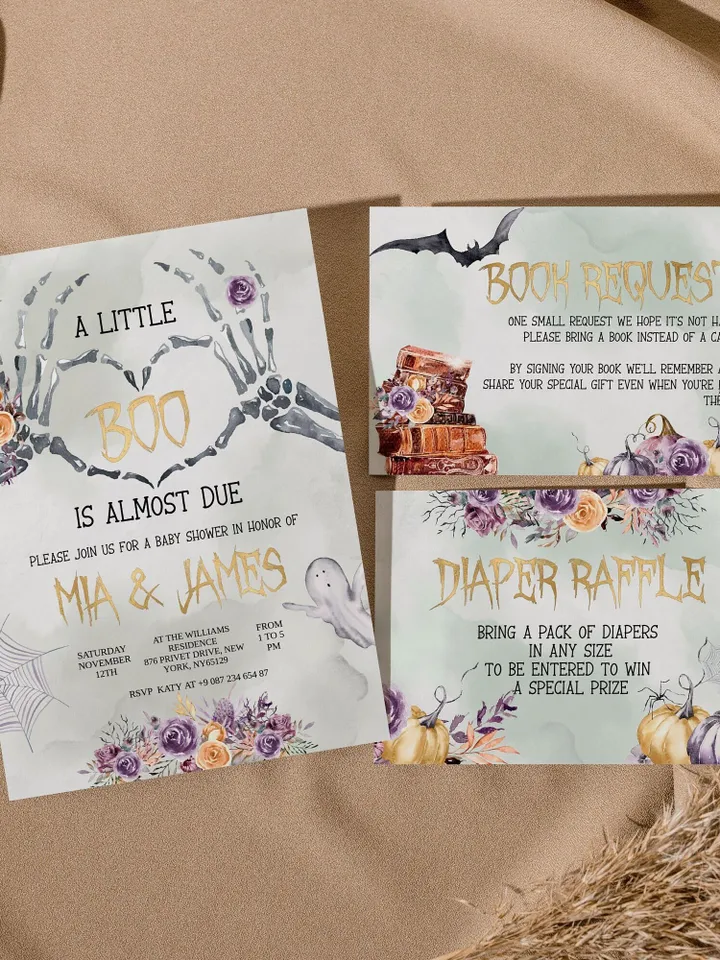 A little Boo is almost due! Editable Halloween Baby Shower invitation Suite; Spooky Baby Shower Printable Kit Ghost baby shower party FLH60