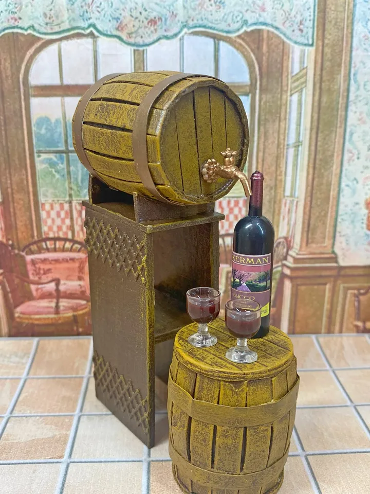 Wine set. Barrel with wine. Barrel. Puppet miniature. 1:12. Doll accessories.