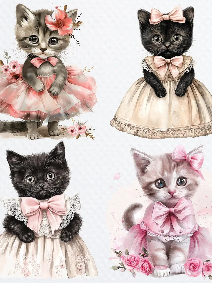 18 Kitten in dress PNG bundle, Floral Kitten Shabby Chic Clipart, Printable Watercolor floral cat Clipart for sublimation, junk journal