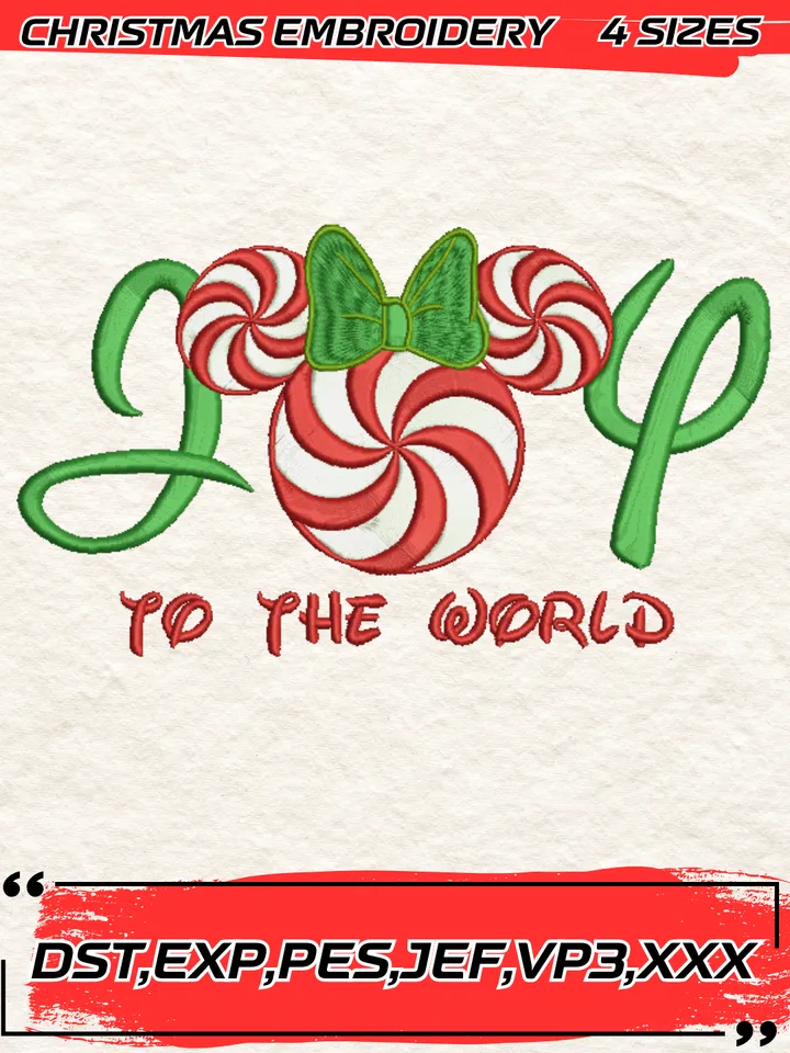 Joy To The World Minnie Christmas Candy Embroidery Design,Christmas Embroidery Design,4 Sizes, Digital Download