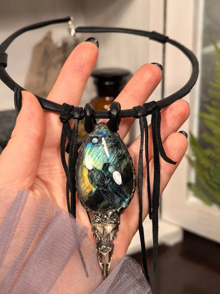 Raven necklace Crow Viking necklace Labradorite gemstone