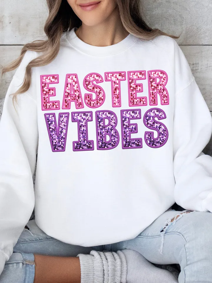 Trendy Easter Vibes Embroidery Sparkly Faux Sequins Easter Png, Cute Easter Day Shirt Design, Trendy Easter Day Png, Trendy Sublimation