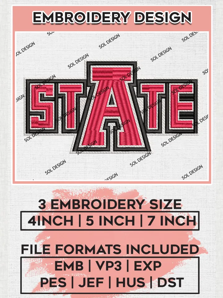 NCAA Arkansas State Team Word Logo Embroidery Design Files, NCAA Arkansas State Red Wolves Machine Embroidery, NCAA Teams, Game Day, 3 sizes, NCAA Machine embroidery designs, Digital Download