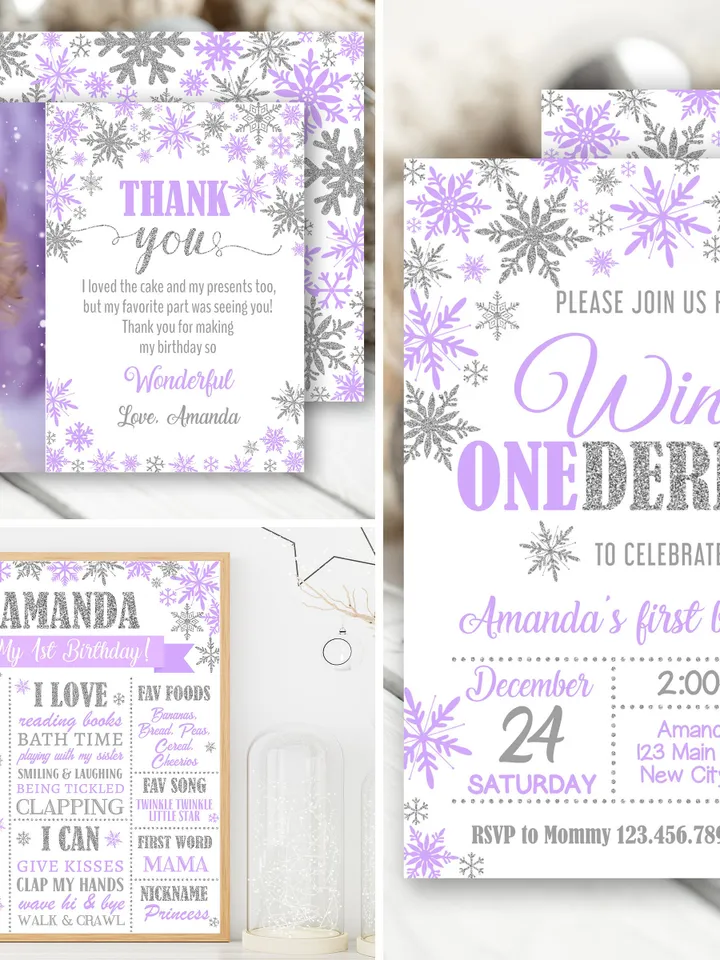 Winter Onederland Birthday Girl Decorations, Winter Onederland Bundle, Party Package Bundle Editable Template, Snowflakes Theme