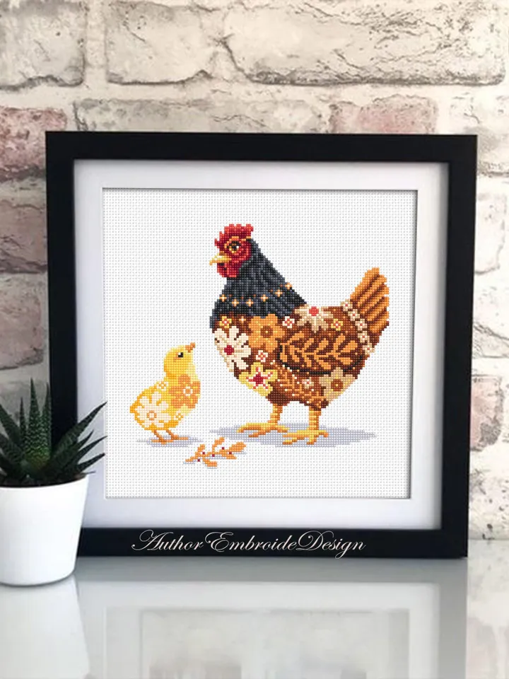 Floral chicken cross stitch pattern PDF download Chicken mom cross stitch chart, Flower pattern digital PDF, Farmhouse bird, Mother Hen #K64