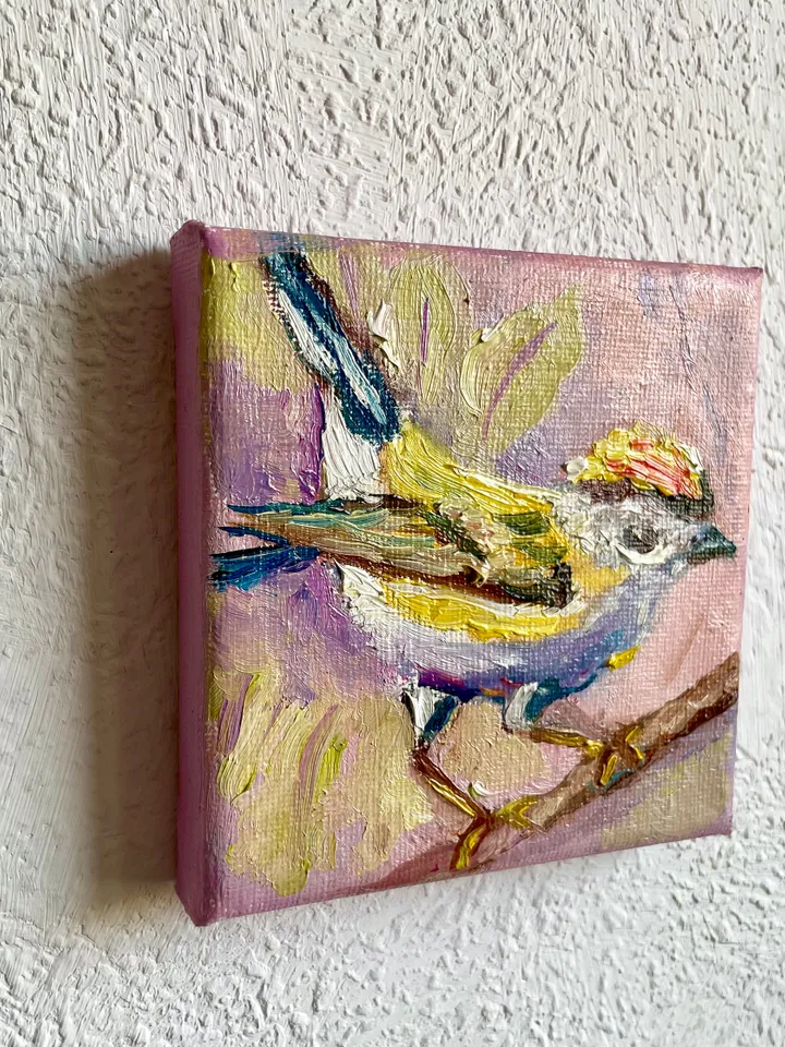 Chickadee Painting, Bird Art Original oil Painting on Canvas, Wildlife Wall Art, Miniature Artwork 4"x 4"