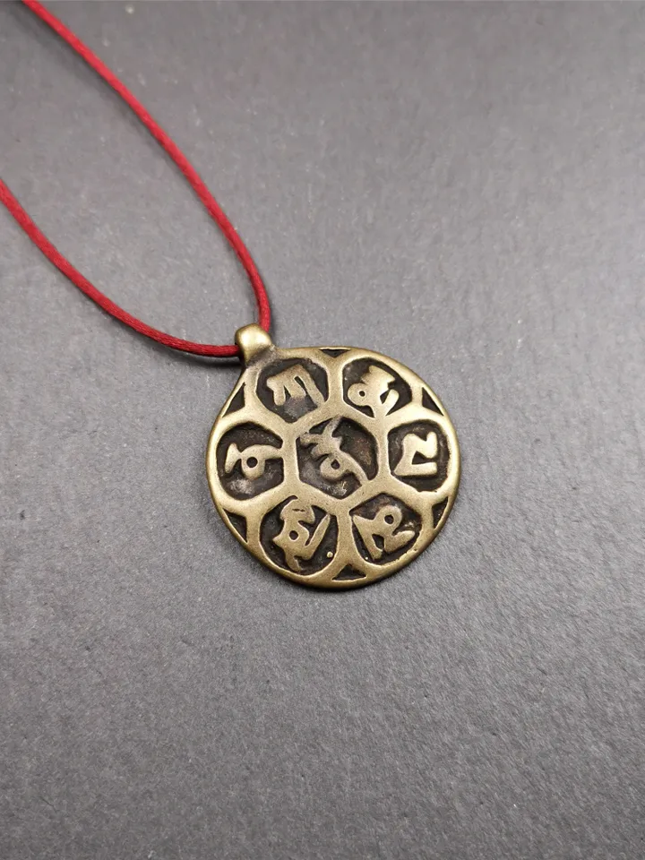 Gandhanra Handmade Tibetan Buddhist Amulet,Om Badge Pendant, Mantra of Om Mani Padme Hum, Made of Brass,1.26"