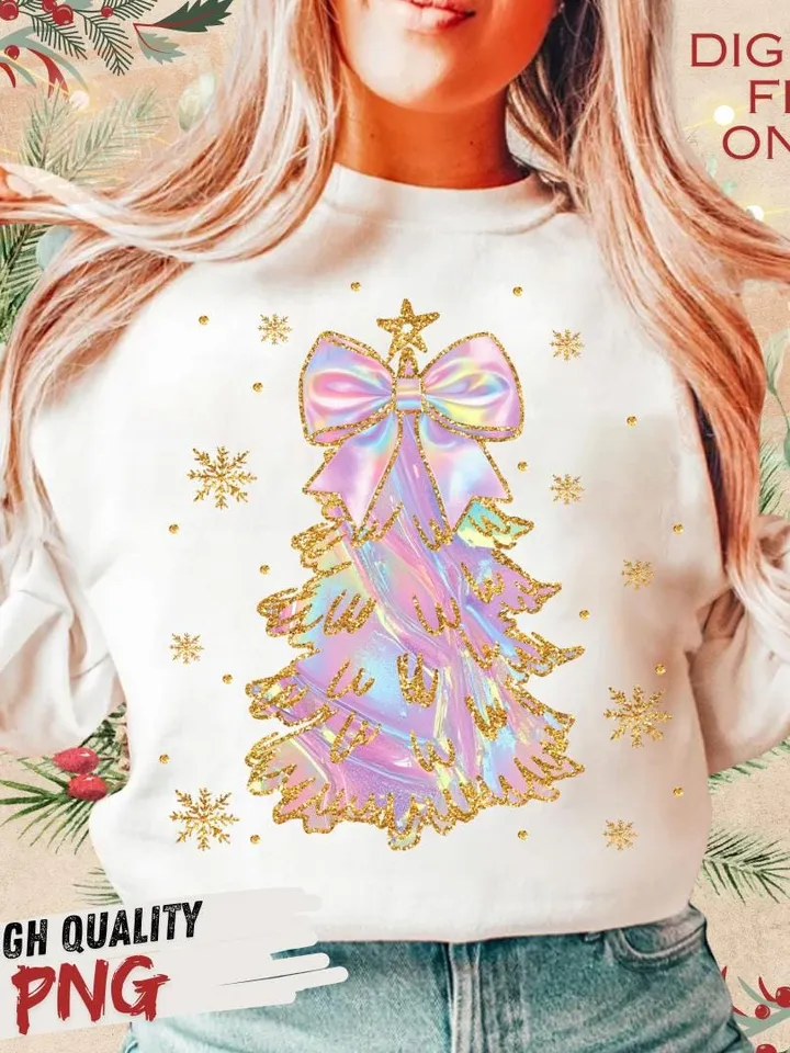 Iridescent Christmas Tree PNG, Coquette Christmas Png, Iridescent Christmas Png, Girly Christmas Png, Colorful Glitter Christmas Tree Png