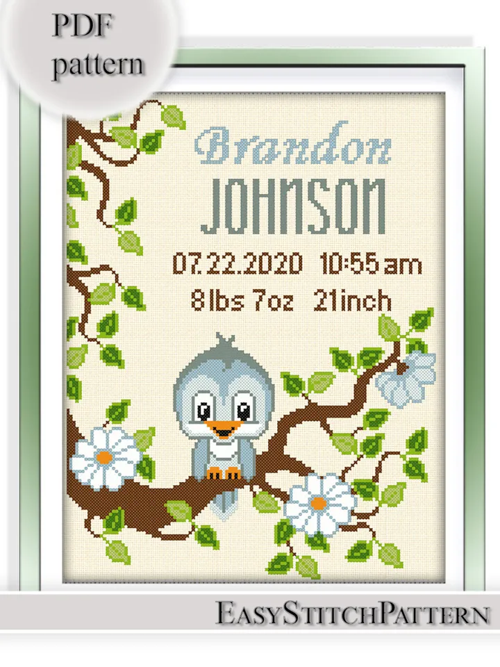 Baby Birth Announcement. Newborn Cross Stitch Patterns. Baby Record Cross Stitch Pattern. DIY. Customizable New Baby.