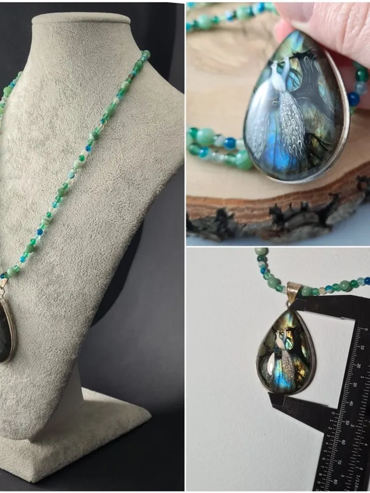 White peacock on labradorite gemstone pendant Miniature painting Necklace