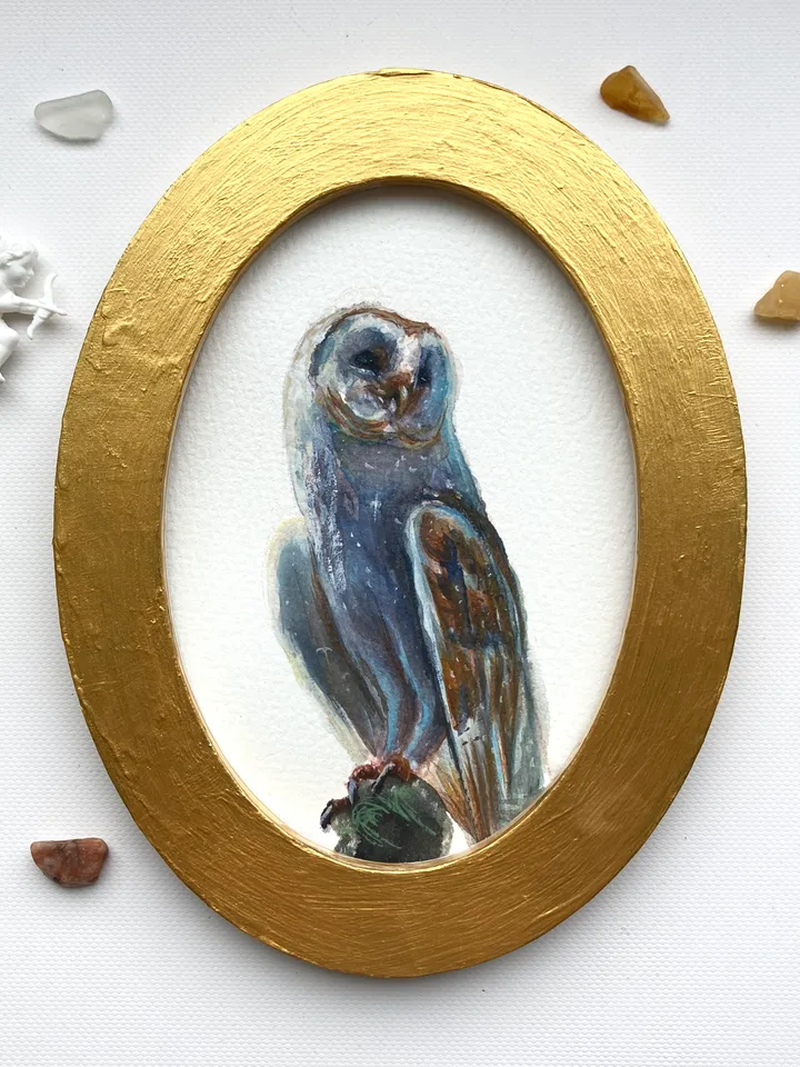 Owl Watercolor Painting Original In Oval Gold Frame Small Framed Bird Art Barn Owl