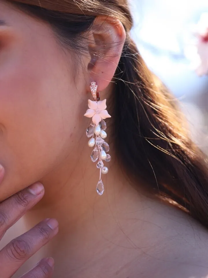 Rose Gold Delicate Porcelain Flower Blush Wedding Earrings, Long Boho Wedding Earrings, Pearl Bridal Jewelry Set, Floral Statement Earrings