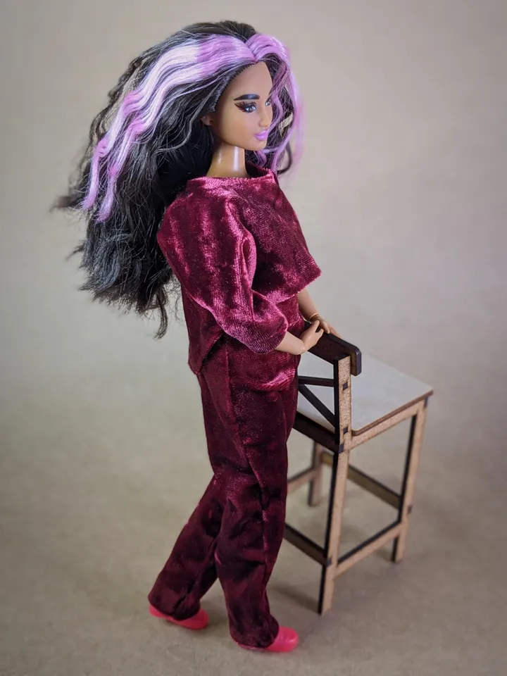 Handmade casual red velvet two-piece set (long-sleeve and pants) for 1/6 scale fashion female dolls