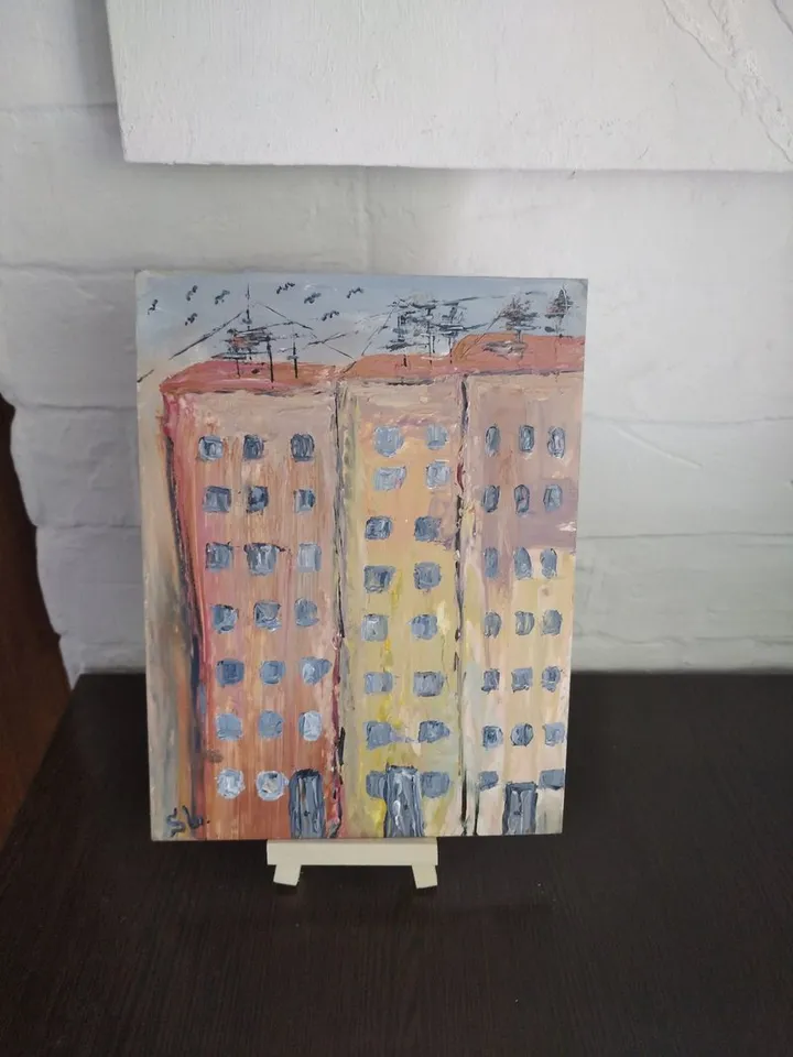 Oil painting City high rises tall buildings street original art handmade cardboard 10x7 inches