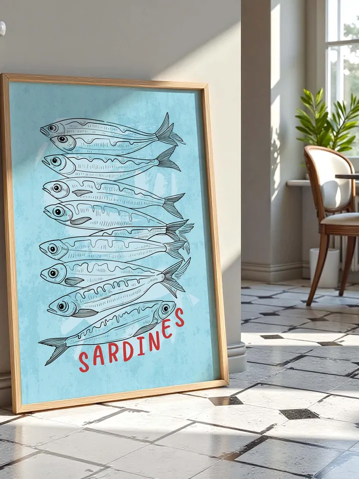 Sardine Wall Art, Sardines Tin Fish Poster, Colorful Kitchen Print, Maximalist Home Decor, Vintage Style Digital Artwork, Retro Sardine Art