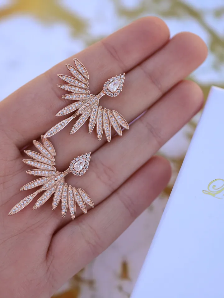 Art Deco Rose Gold Bridal Earrings, Swarovski Crystal Statement Wedding Earrings , CZ Statement Vintage Wedding Jewelry, Boho Bridal Jewelry