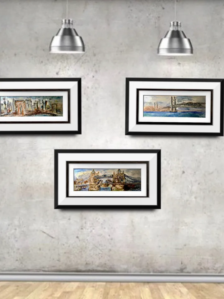 World bridges panoramic triptych - original watercolor paintings of New,York,London and Japanese bidges,cityscape paintings wall art,gifts.