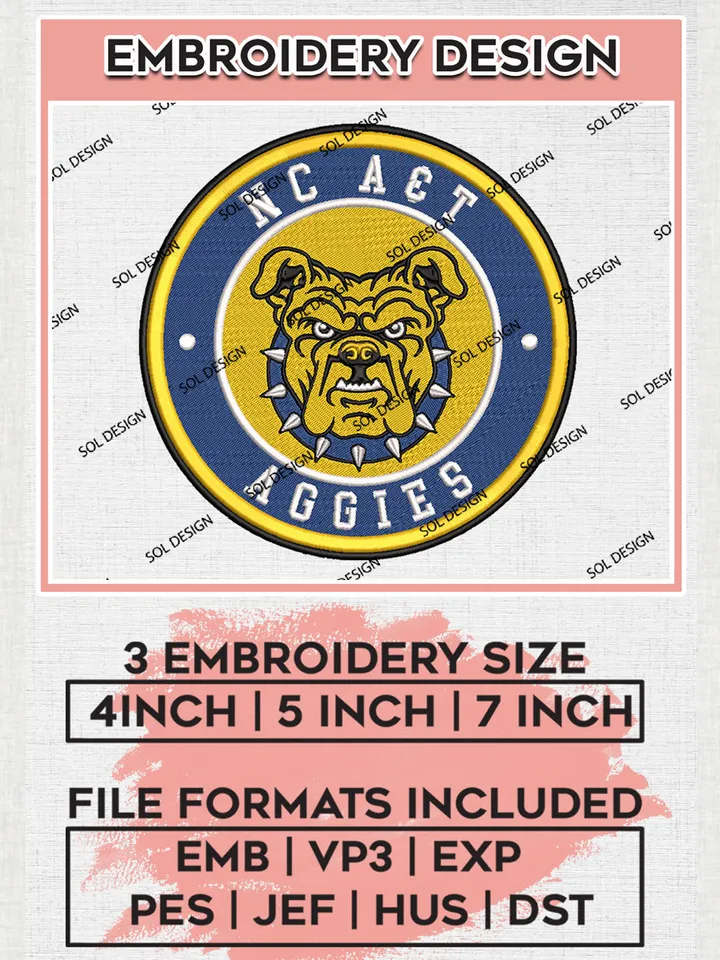 NCAA North Carolina AT Aggies Round Logo Embroidery, NCAA North Carolina AT Aggies Logo Embroidery files, NCAA Teams, Machine embroidery designs, Digital Download