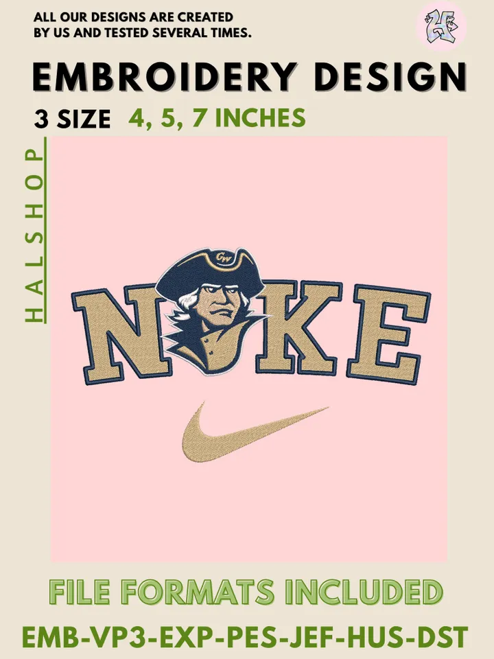 NCAA George Washington Revolutionaries Nike Logo Embroidery Designs | Machine Embroidery Files | 3 Sizes, 6 Formats | College Team Design