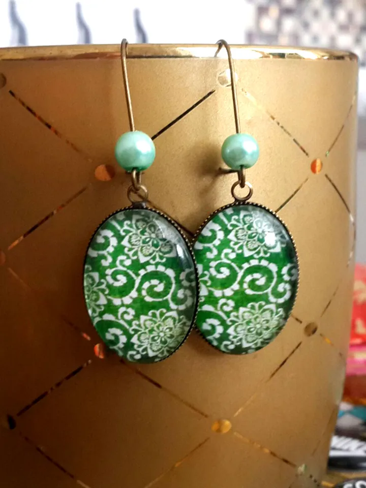Green earrings, Green pattern glass cabochon bronze earrings Boho gypsy statement jewelry