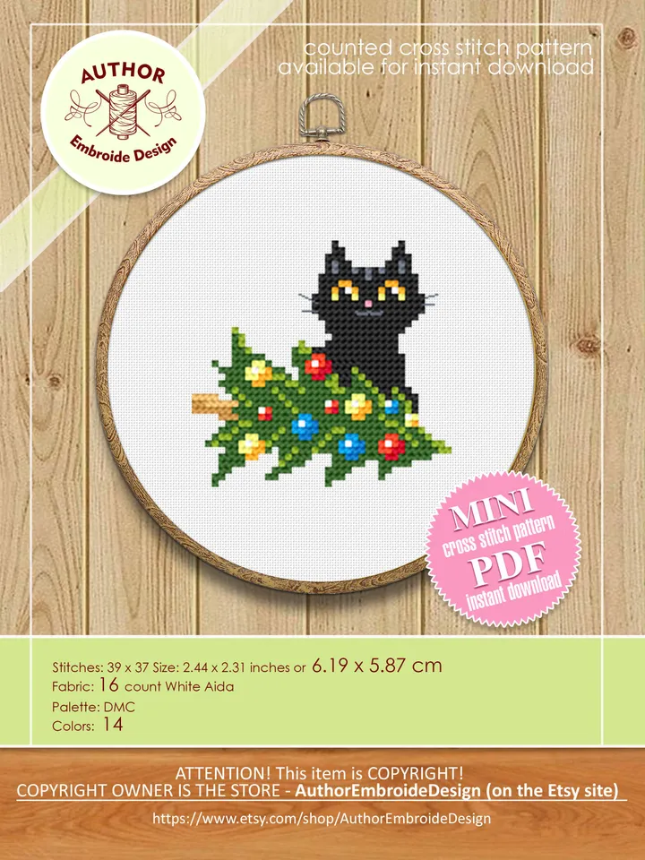 Set Christmas cats cross stitch pattern download PDF, Cute black cat embroidery PDF, Christmas small cross stitch, Funny home cat decor #N79