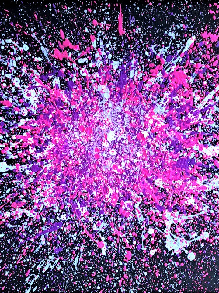Fluorescent neon painting made with splashes technique "Miami" abstraction, contemporary art