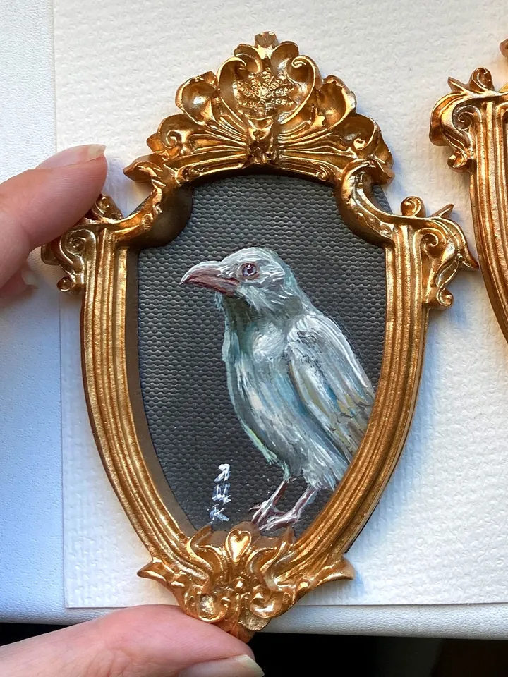 Framed Albino Raven Painting Small Original Witch’s Friend Artwork Crow Art Tiny Oil Painting Bird