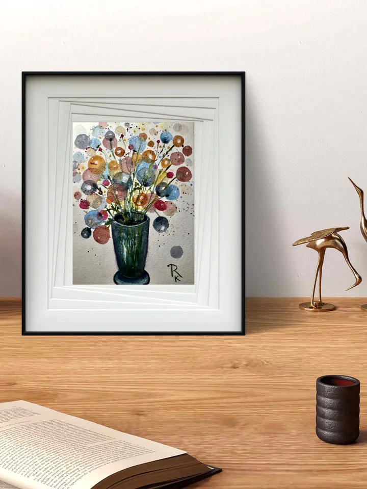 Fantasy Flowers in a vase original watercolor painting,floral fantasy wall art,small watercolor painting wall decoration,gift.