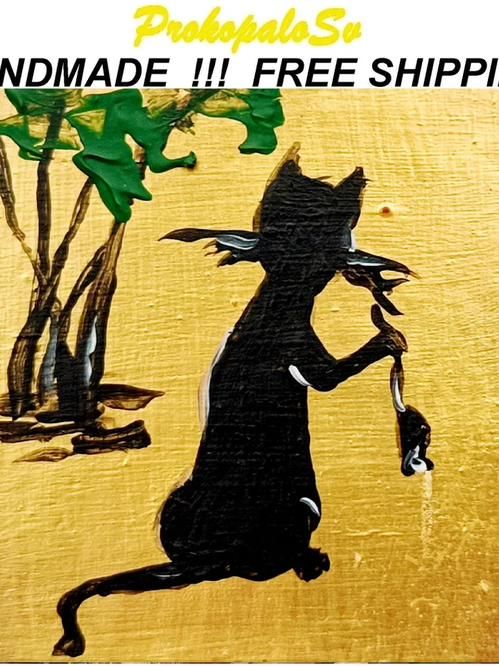 Black cat Mini painting a black cat and mouse painting framed 4x4 in Original Handmade painting Gift by ArtProkopaloSv