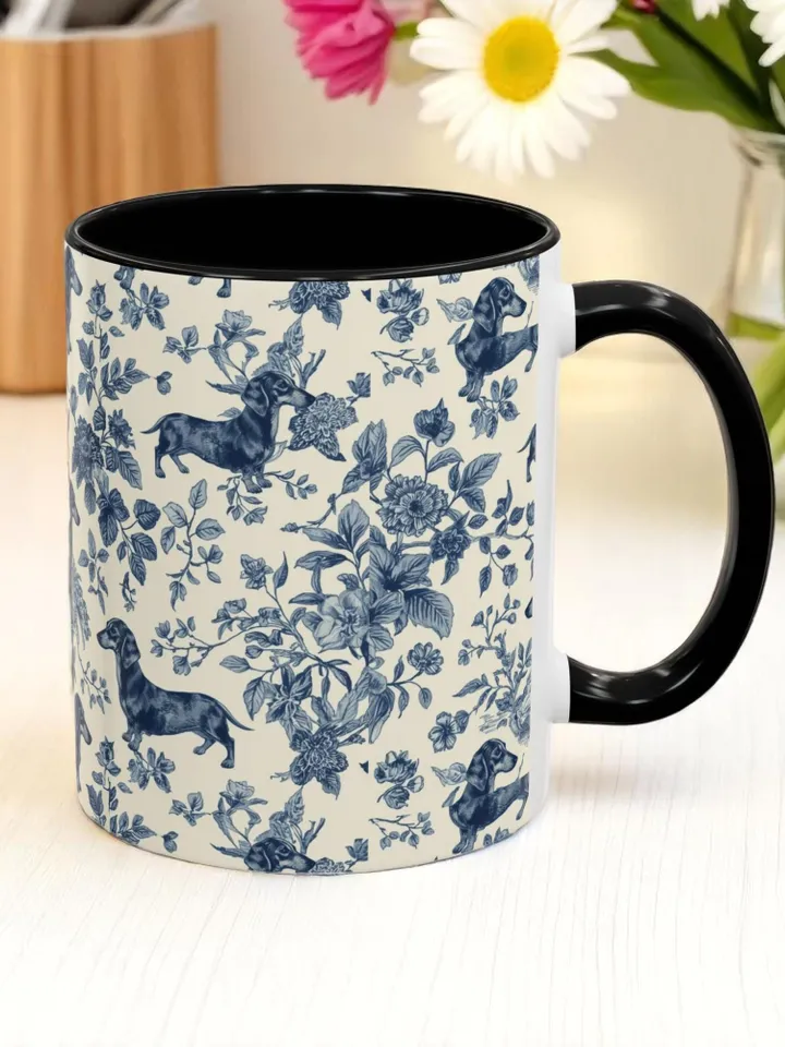 Dachshund French Toile de Jouy Ceramic Mug, Toile Coffee Cup for Doxie Mom, Sausage Dog Lover Gifts, Dog Tea Drinkware, Gift For Dog Lovers