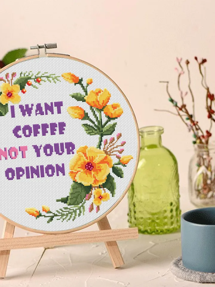 Coffee quote cross stitch pattern download PDF, Floral wreath cross stitch chart, Framed quote embroidery I want coffee not your opinion #Q3