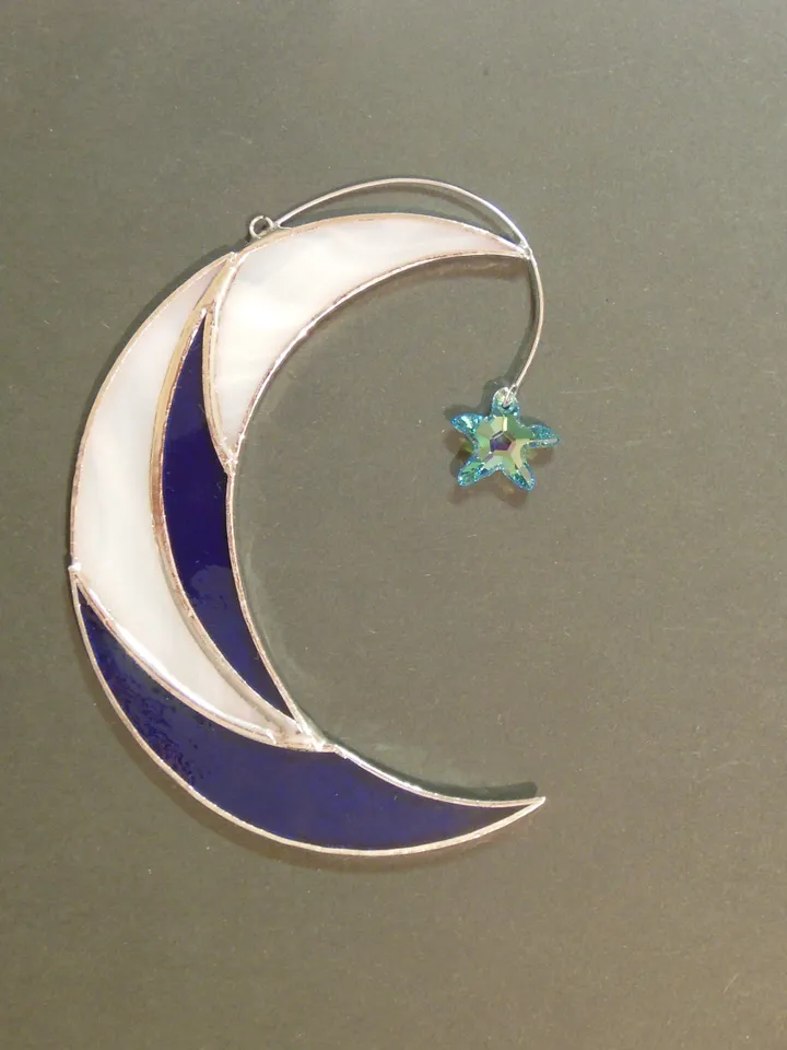 Moon with Shooting Star Swarovski Сrystal . Stained glass window hanging Suncatcher , idea for anniversary , birthday and Christmas gift