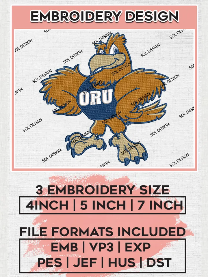 NCAA ORU Golden Eagles Team Mascot Logo Embroidery Design Files, NCAA Oral Roberts Golden Eagles Machine Embroidery, NCAA Teams, Game Day, 3 sizes, NCAA Machine embroidery designs, Digital Download