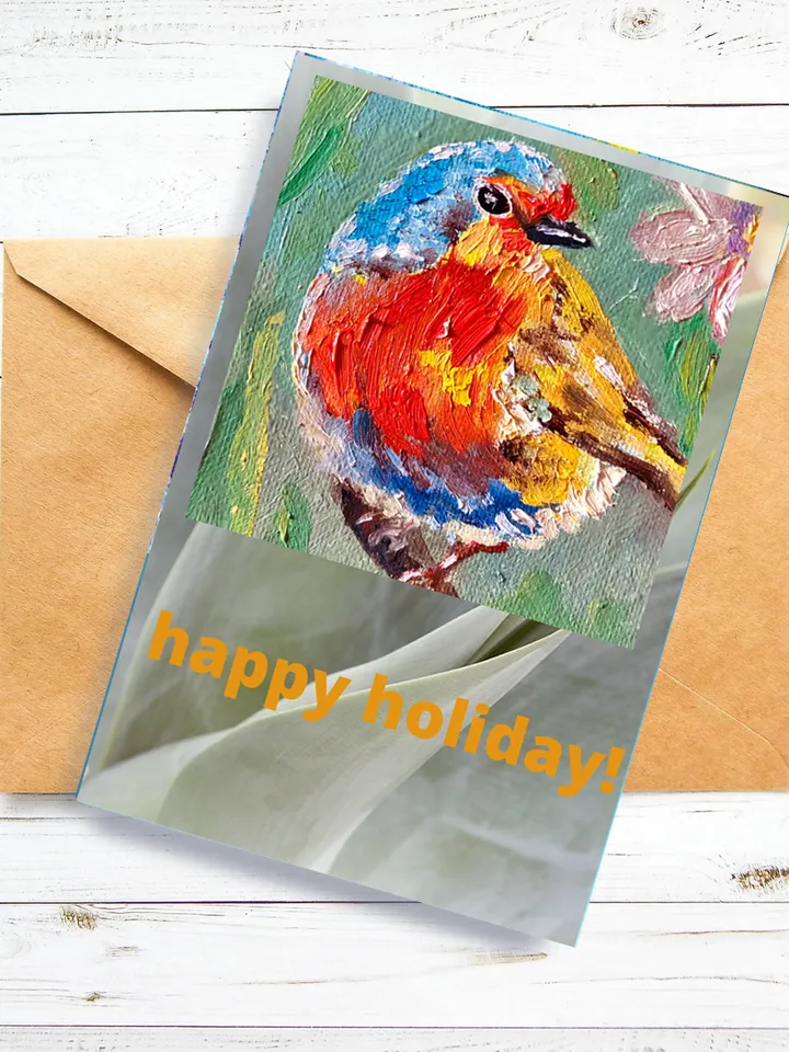 Digital greeting card, Bird and flower postcard, Happy Holiday E-card, Instant digital download