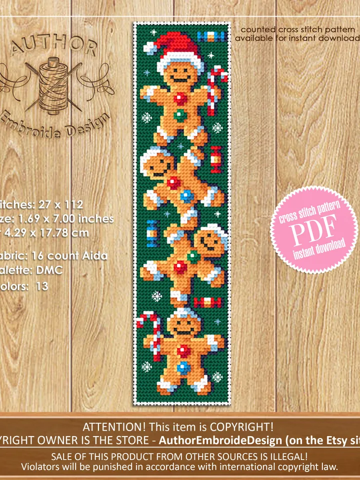 Christmas bookmark cross stitch pattern download PDF Gingerbread man cross stitch chart, Winter holiday embroidery PDF, Book lover gift #B84
