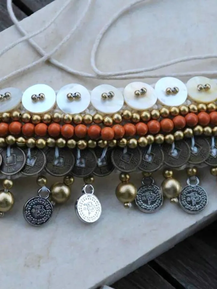 Boho Hippie Coachella Pearl Chinese Coin Bracelet | Macrame crochet tie bracelet | Bohemian Jewerly | shell bracelet bali crochet bohemian