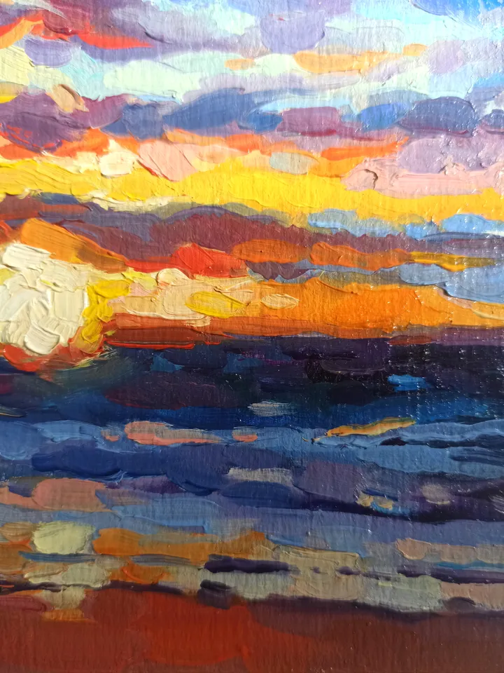 Seascape, Sunset at the sea, Small original oil painting 5x7 inches