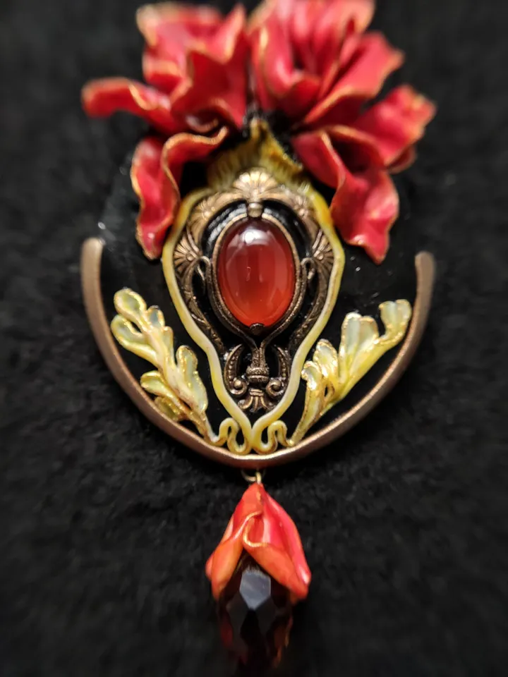 Peony Flower Pin, Art Nouveau Cameo