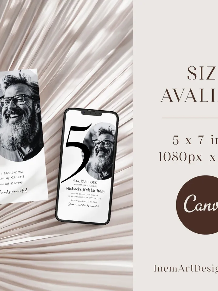 50th Birthday Party Invitation Card, Look Who's 50, Editable 50th Birthday Card Template, Printable Minimalist Birthday Photo Canva Invites