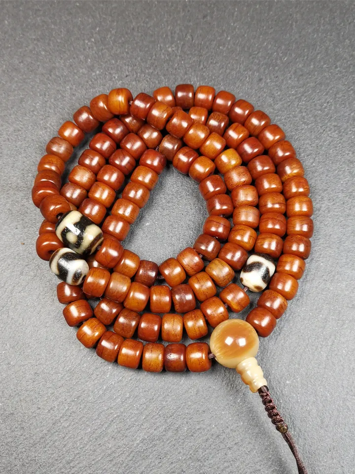 Gandhanra Handmade Tibetan Yak Bone Mala,108 Bone + Dzi Beads,Prayer Bead for Meditation,Tibetan Rosary,Diameter 10mm, Length 84cm