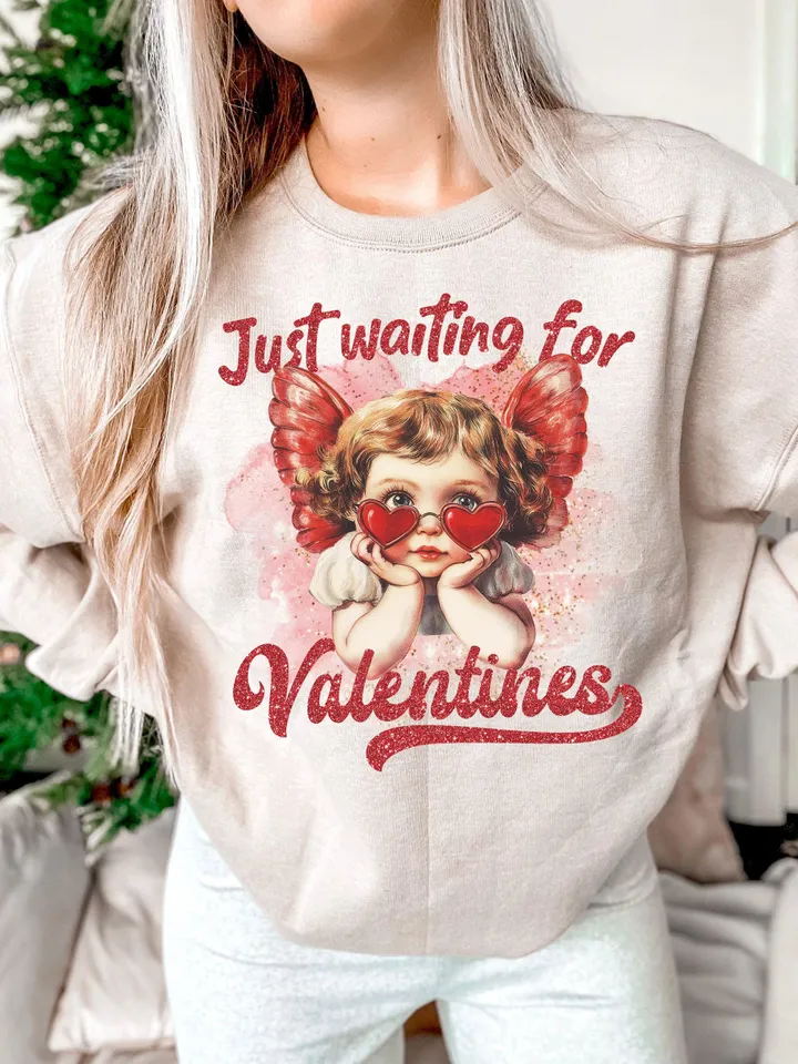 Just Waiting For Valentine's Png, Retro Valentine Shirt Design, Gold Glittered Cupid, Valentine's Day Png, Valentine Love Png Digital
