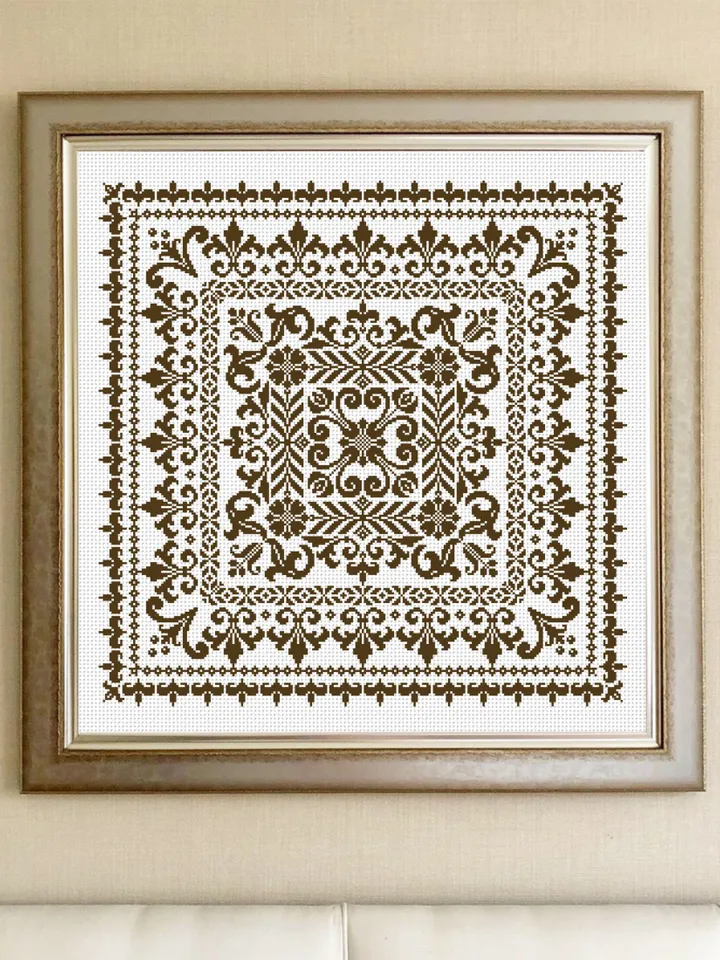 Square mandala cross stitch pattern PDF download, Floral ornament pattern for cross stitch pillow, Carpet counted cross stitch sampler #M202