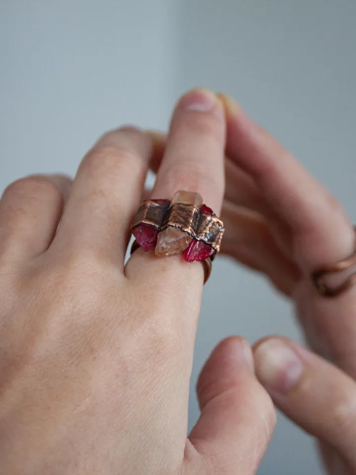 Unique handmade quartz ring in a copper frame made using the electroforming process